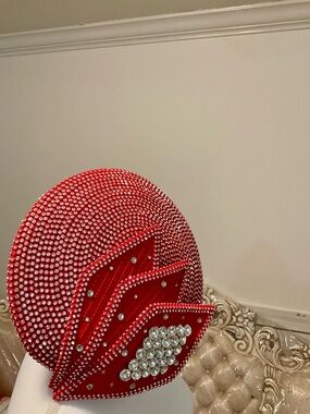 Red Crystal-Studded Beret with Decorative Accent